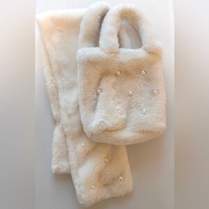 💯 From Japan! Soft Cute Bag Scarf Set Faux Fur And Pearls